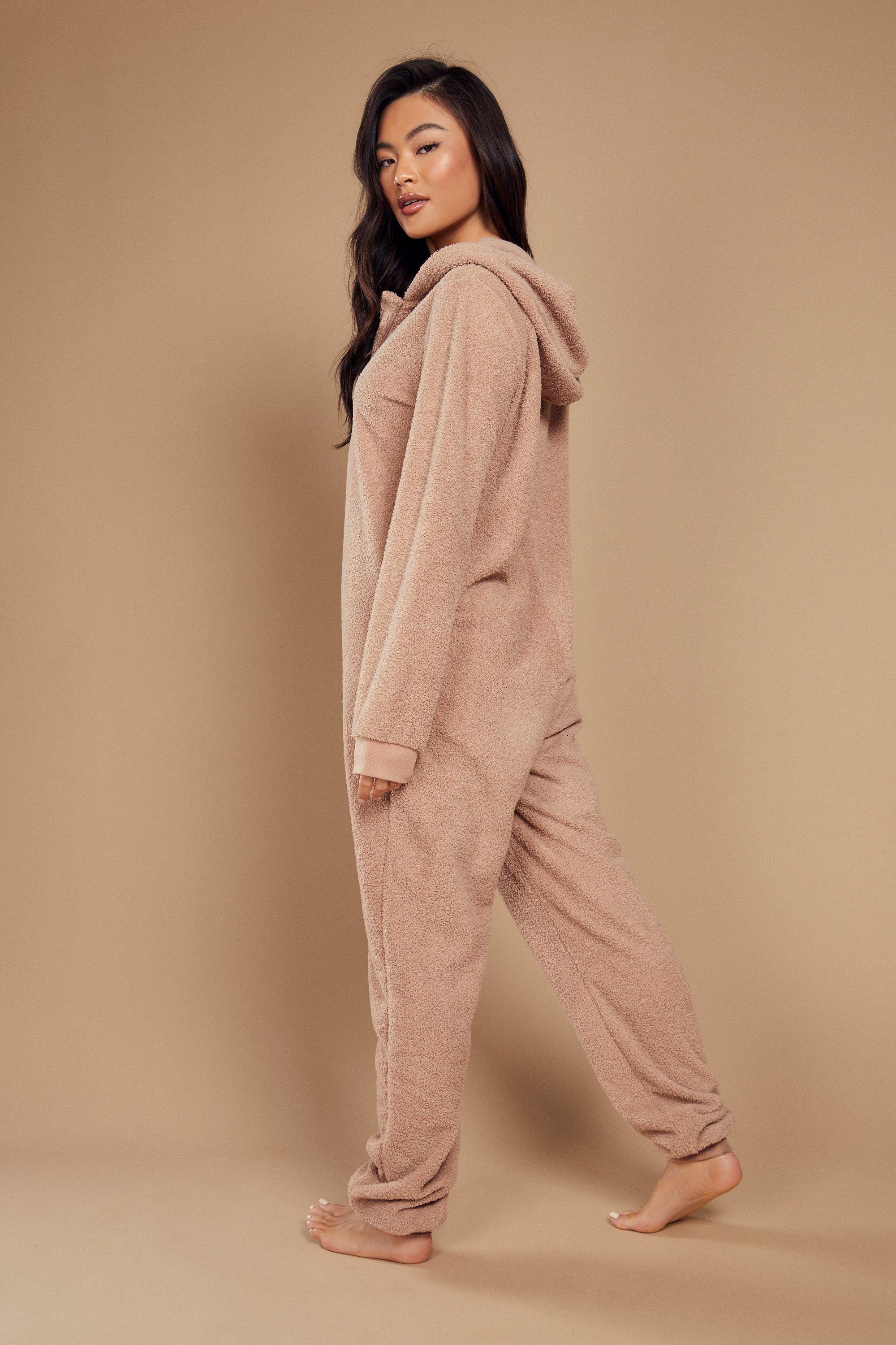 Women s Camel Hers Matching Teddy Loungewear Onesie Boohoo UK