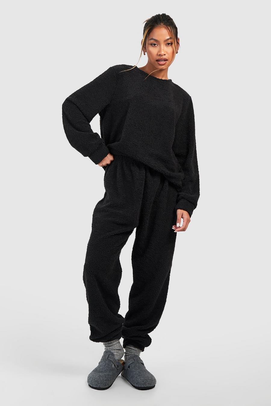 Black Hers Matching Teddy Long Sleeve Loungewear Track Pants Set image number 1