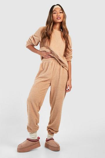 Teddy Hers Loungewear Set Met Top Met Met Lange Mouwen En Joggingbroek camel