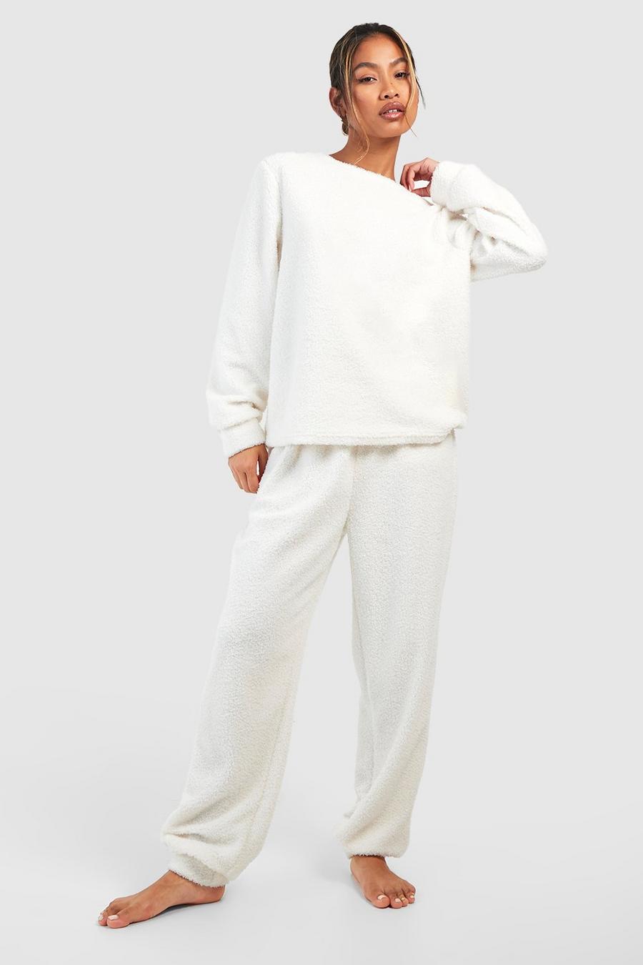 Ecru white  Teddy Fleece Long Sleeve Loungewear Jogger Set