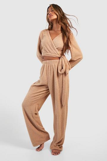 Teddy Wrap Top & Trouser Fleece Loungewear Set camel