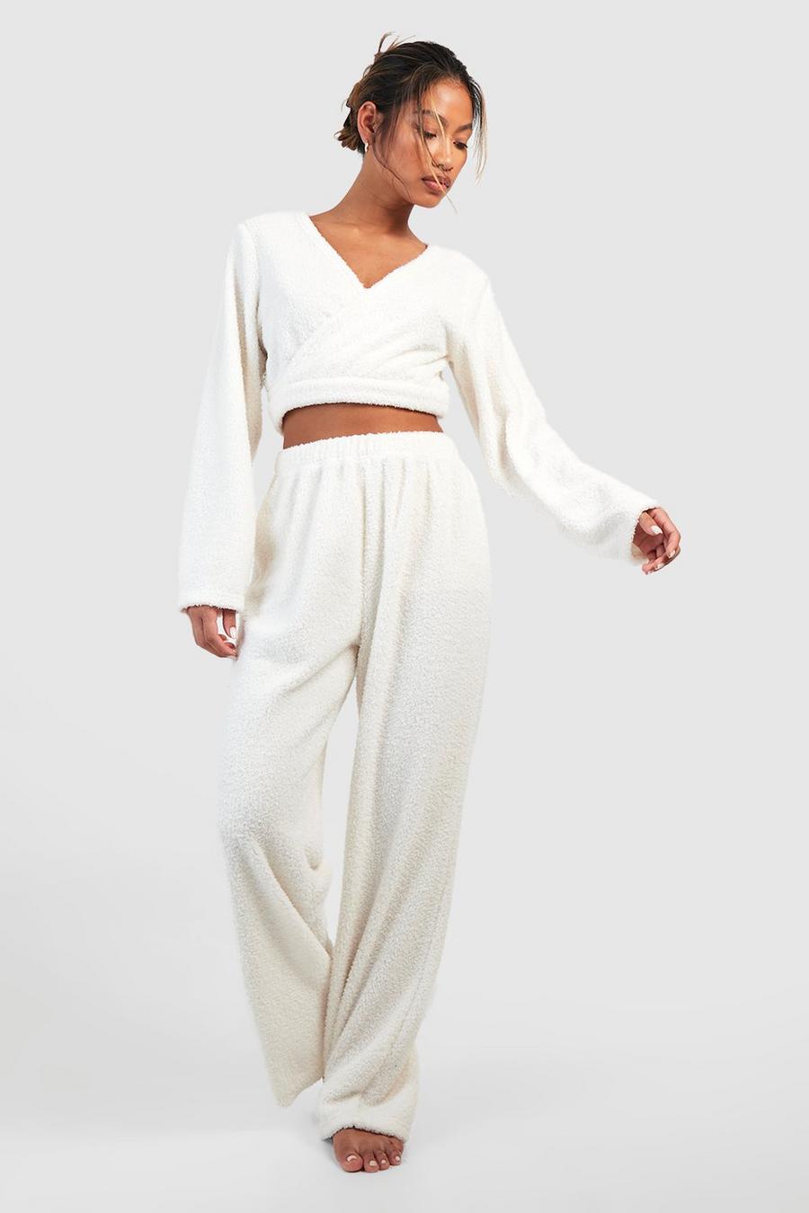 Ecru white Hers Matching Teddy Wrap Top & Pants Loungewear Set image number 1