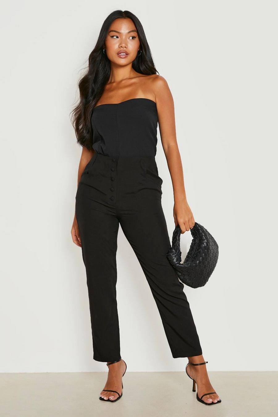 Black Petite Woven Button Tapered Tailored Pants image number 1