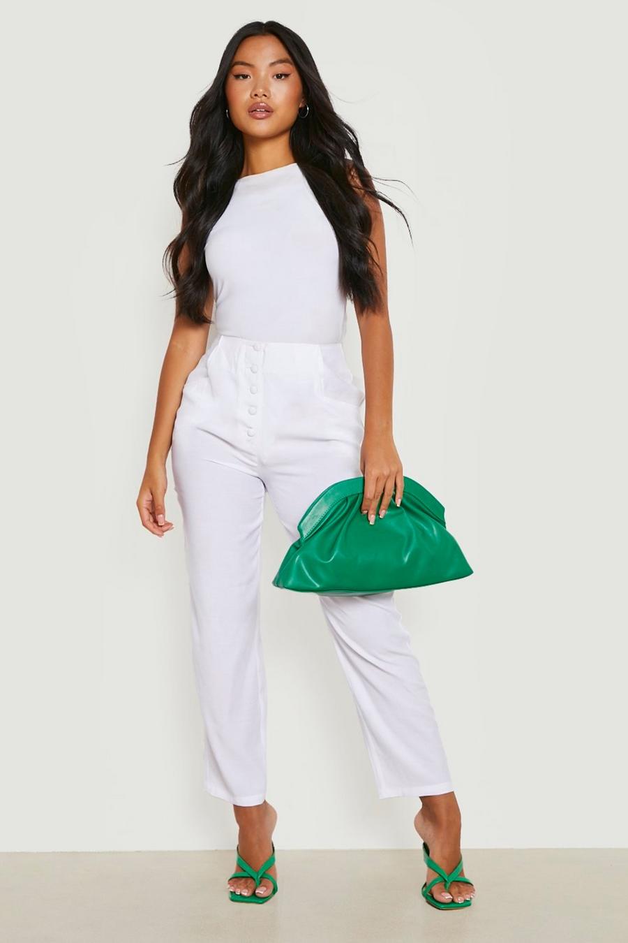 White Petite Woven Button Tapered Tailored Pants image number 1
