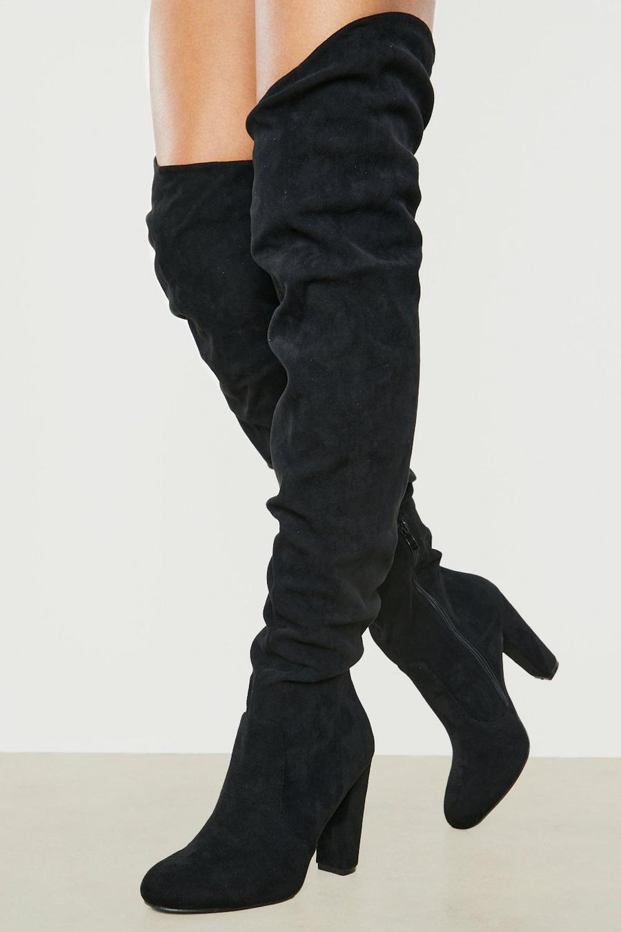 Black Super Thigh High Ruched Round Toe Boots image number 1