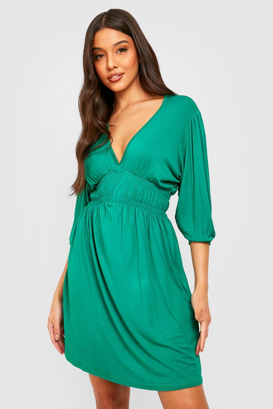 Green Rouched Plunge Smock Dress