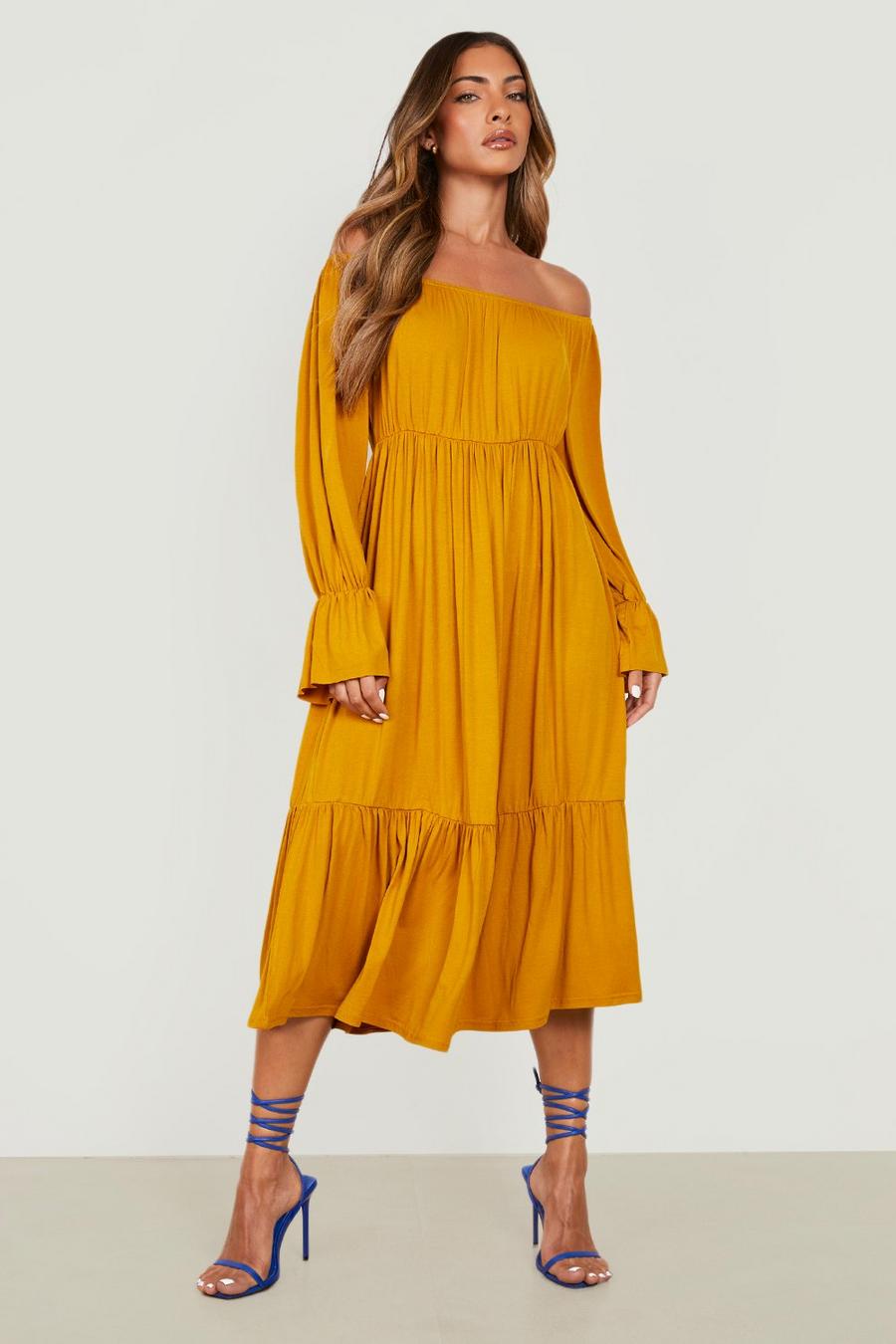 Mustard yellow Off The Shoulder Rouched Bust Midi Dress
