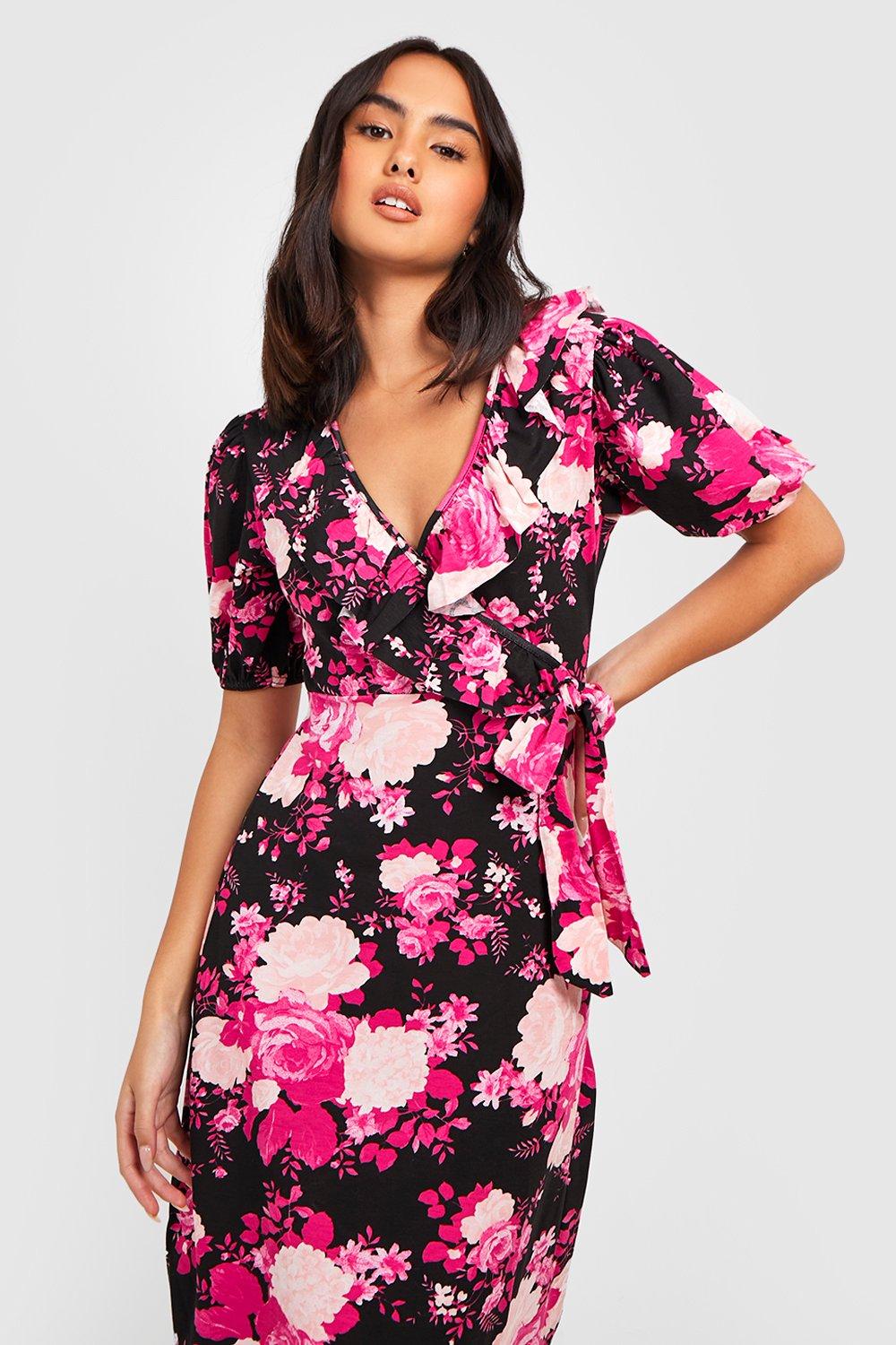 Boohoo ruffle wrap clearance midi dress in floral