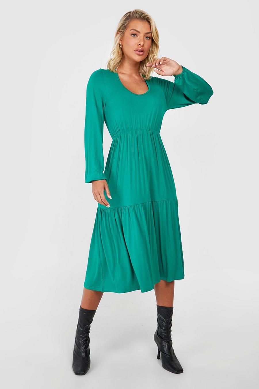 Green Tie Back Tiered Midi Smock Dress image number 1