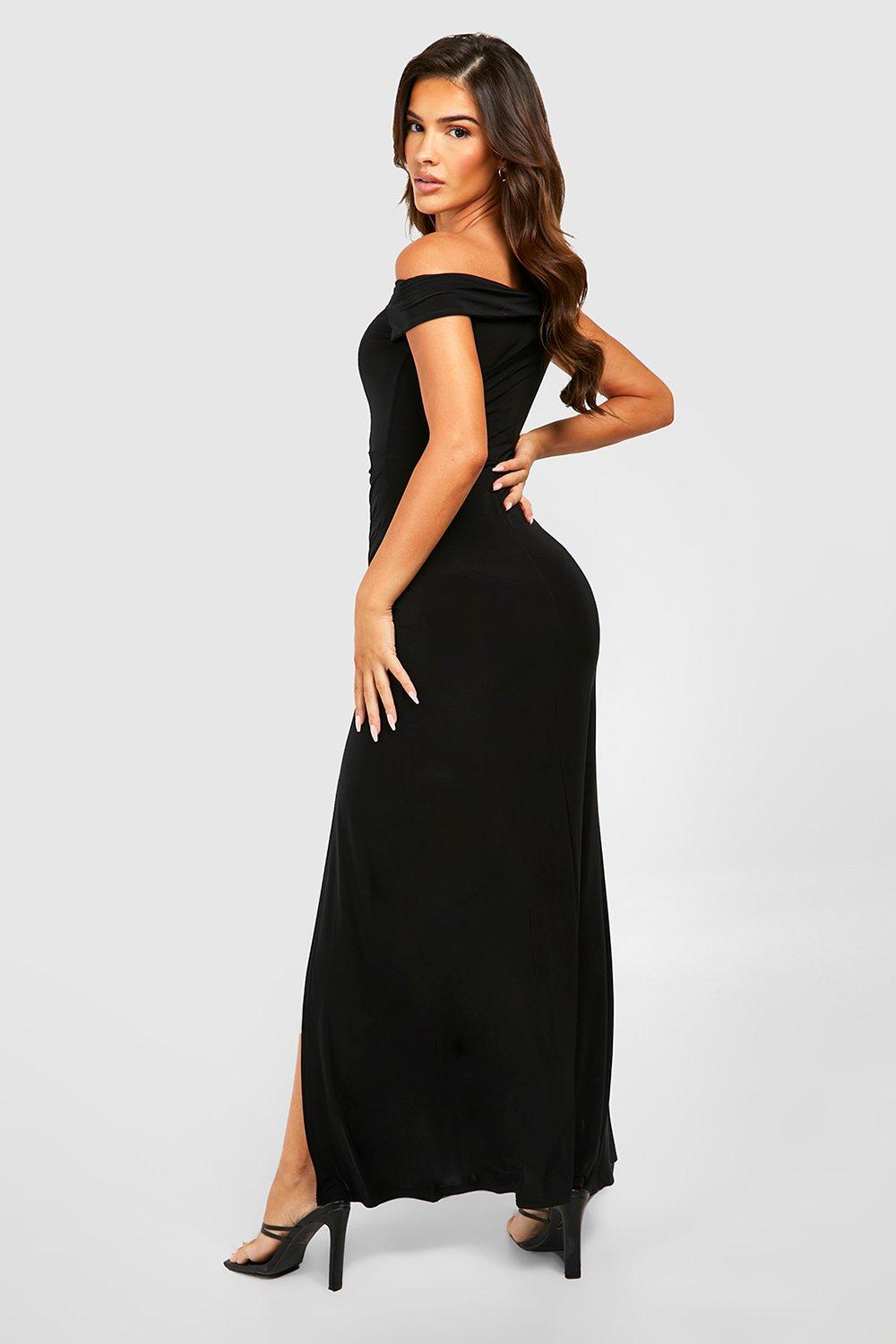 Black bardot wrap hotsell slit slinky maxi dress