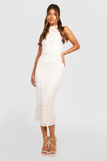 Contrast Lace Racer Neck Midi Dress nude