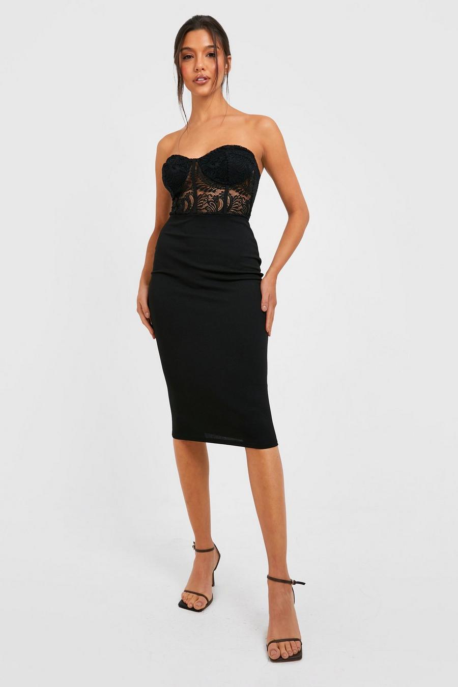 Black Lace Bandeau Midi Dress image number 1