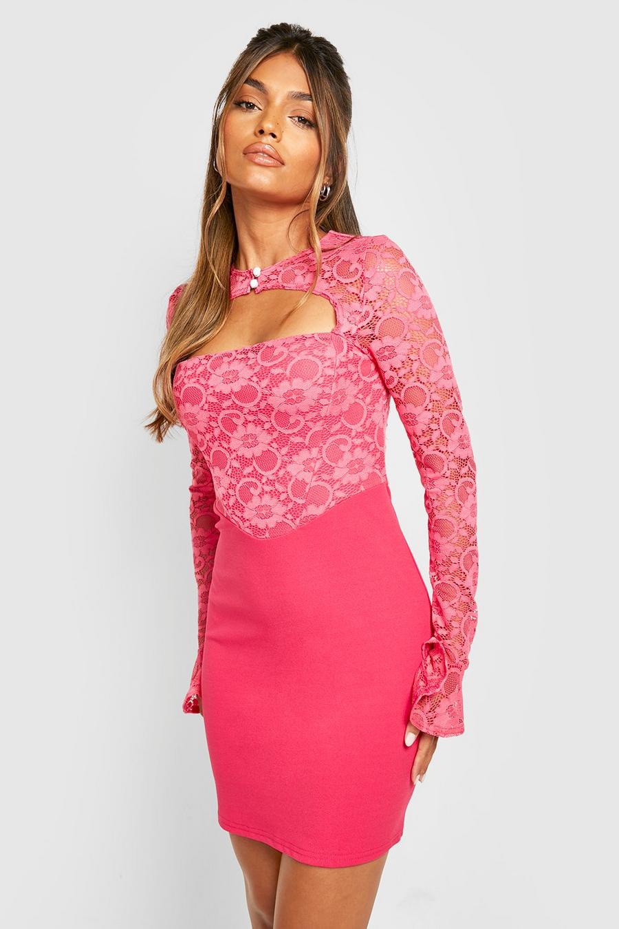Hot pink Contrast Lace Cut Out Mini Dress
