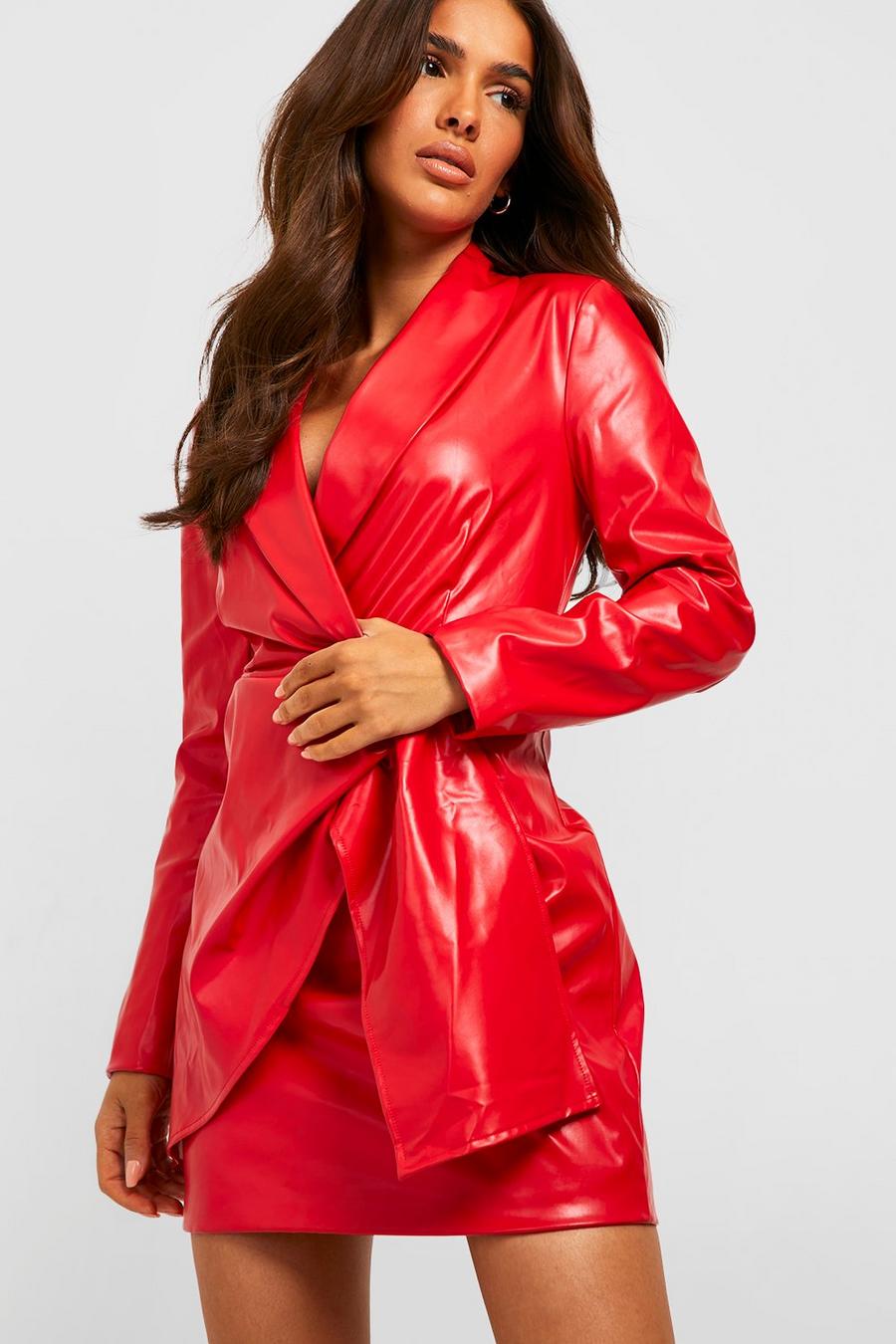 Red Premium Pu Wrap Blazer Dress image number 1
