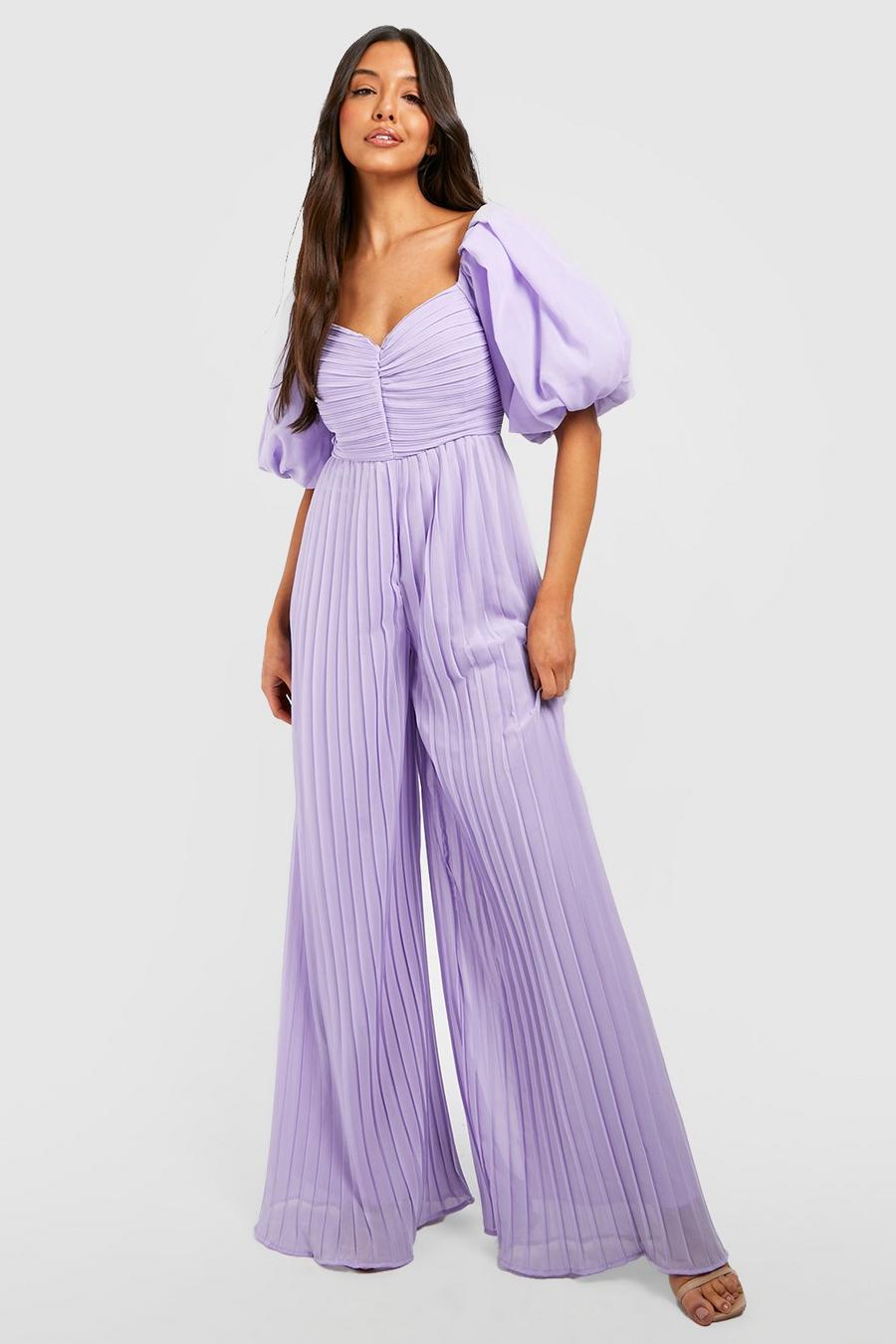 Lilac Pleated Chiffon Puff Sleeve Jumpsuit image number 1