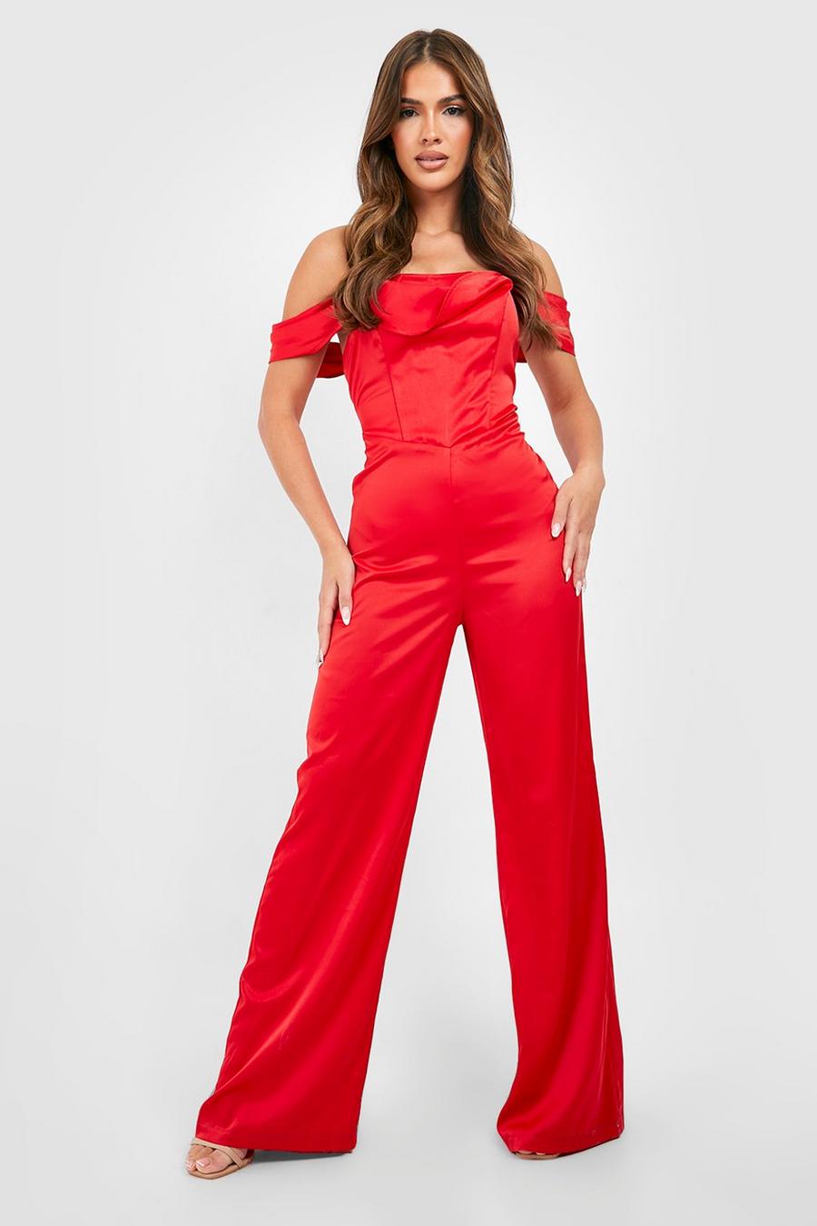 Red rosso Satin Corset Detail Wide Leg Jumpsuit