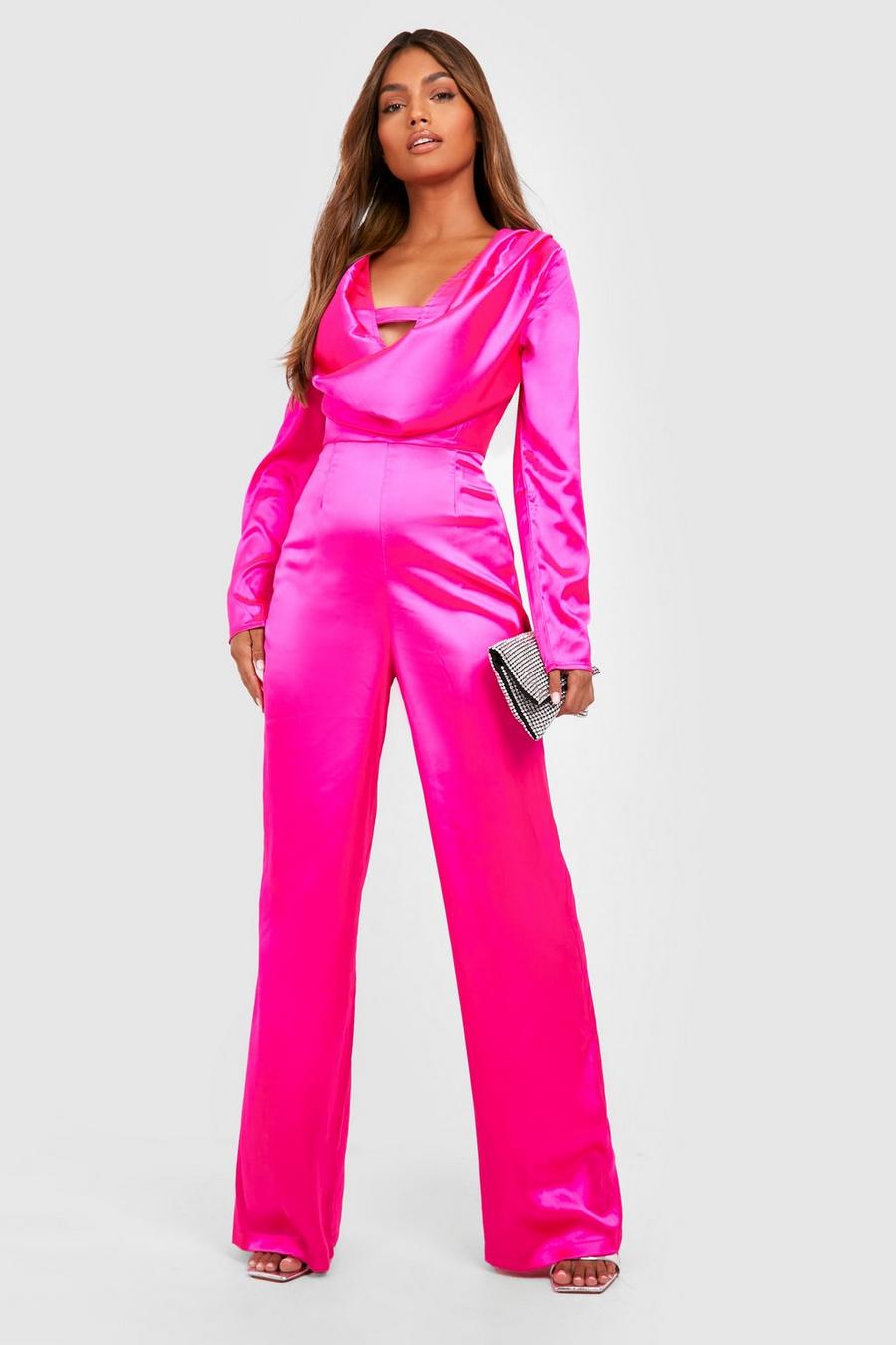 Hot pink Jumpsuit i satin med draperad hals och vida ben image number 1
