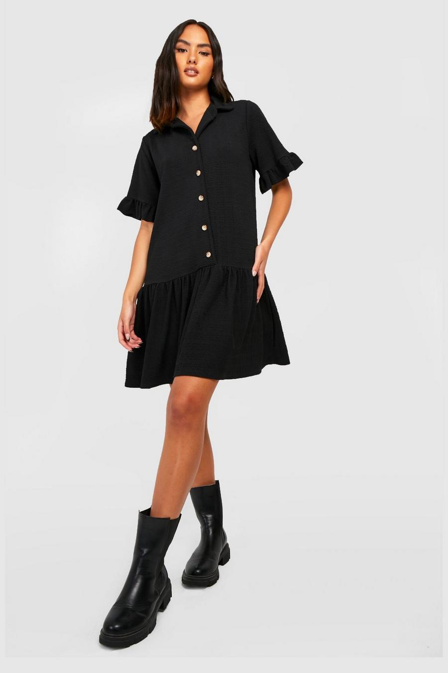 Black Textured Tiered Shirt Dress image number 1
