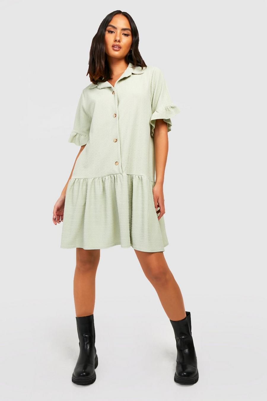 Sage green Textured Tiered Shirt Dress