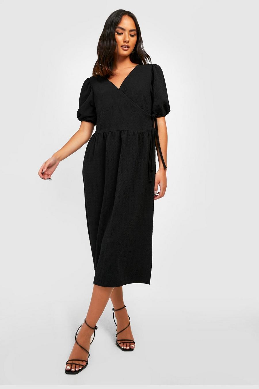 Black Textured Puff Sleeve Wrap Dress image number 1