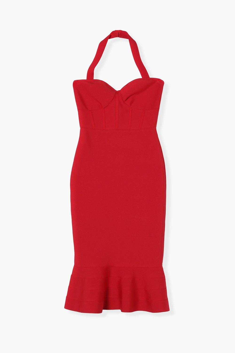 Red frill hem on sale bandage midi dress