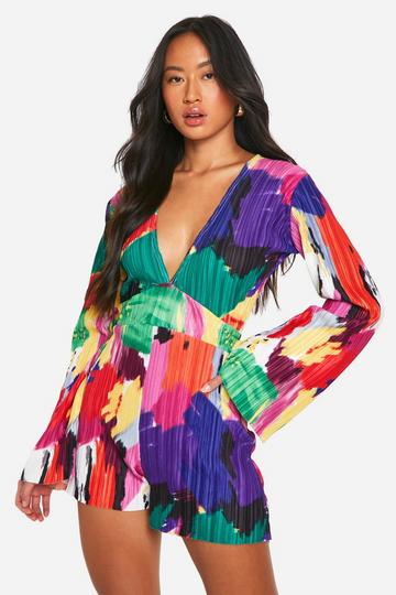 Abstract Plisse Flare Sleeve Romper multi