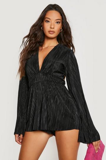 Black Plisse Flare Sleeve Romper