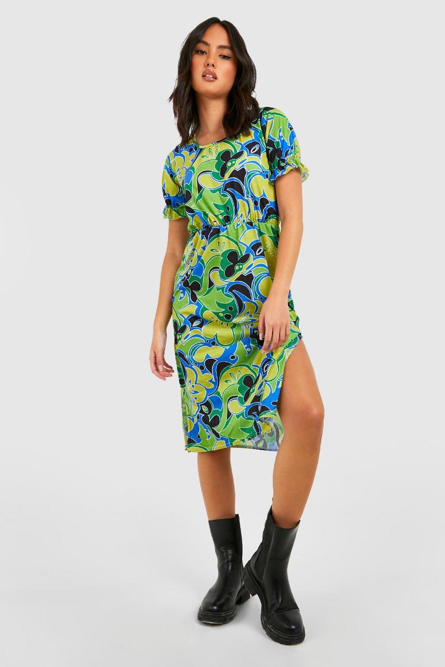 Green Abstract Puff Sleeve Split Hem Midi Dress image number 1
