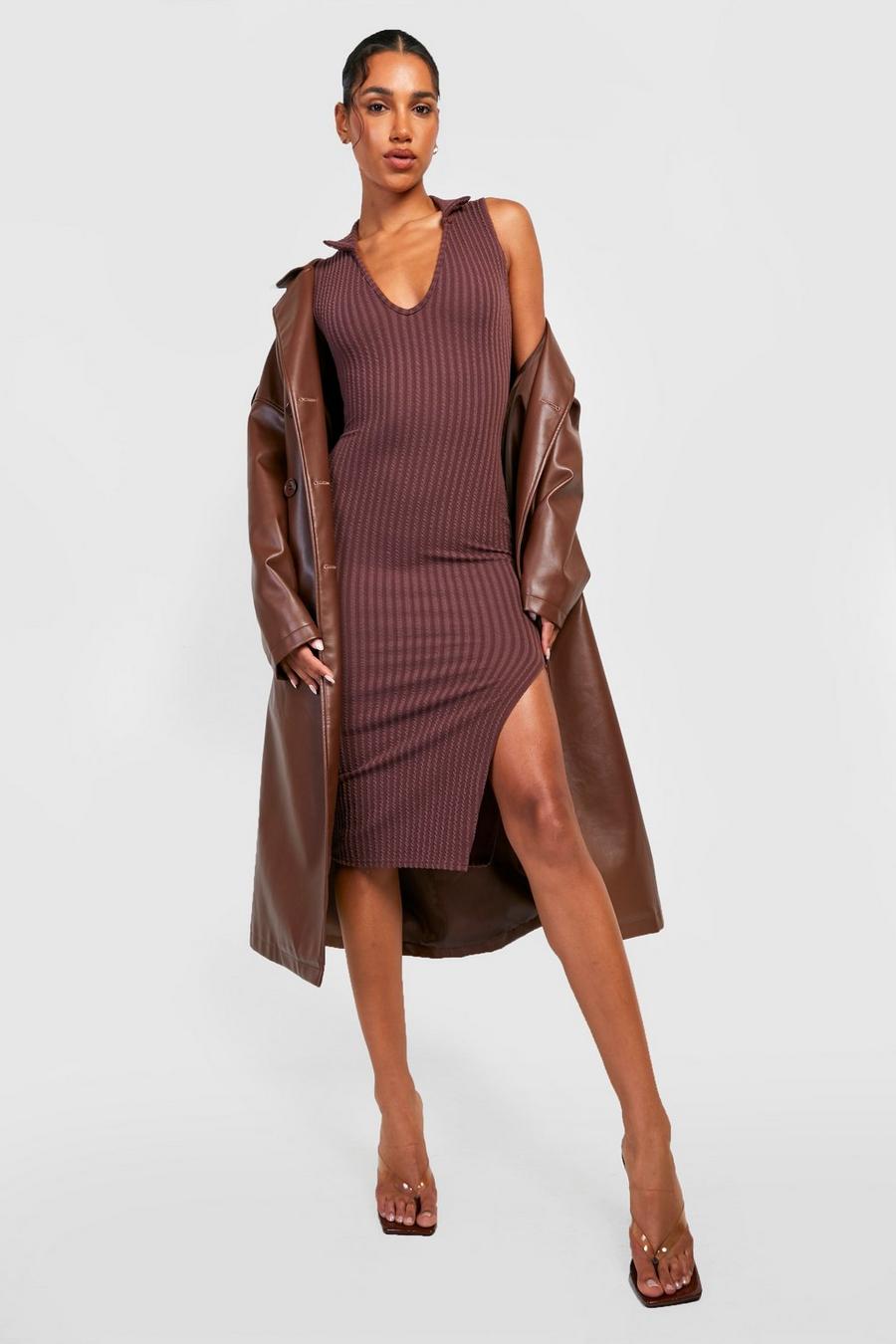Chocolate brown Crinkle Rib Collared Split Hem Midi Dress