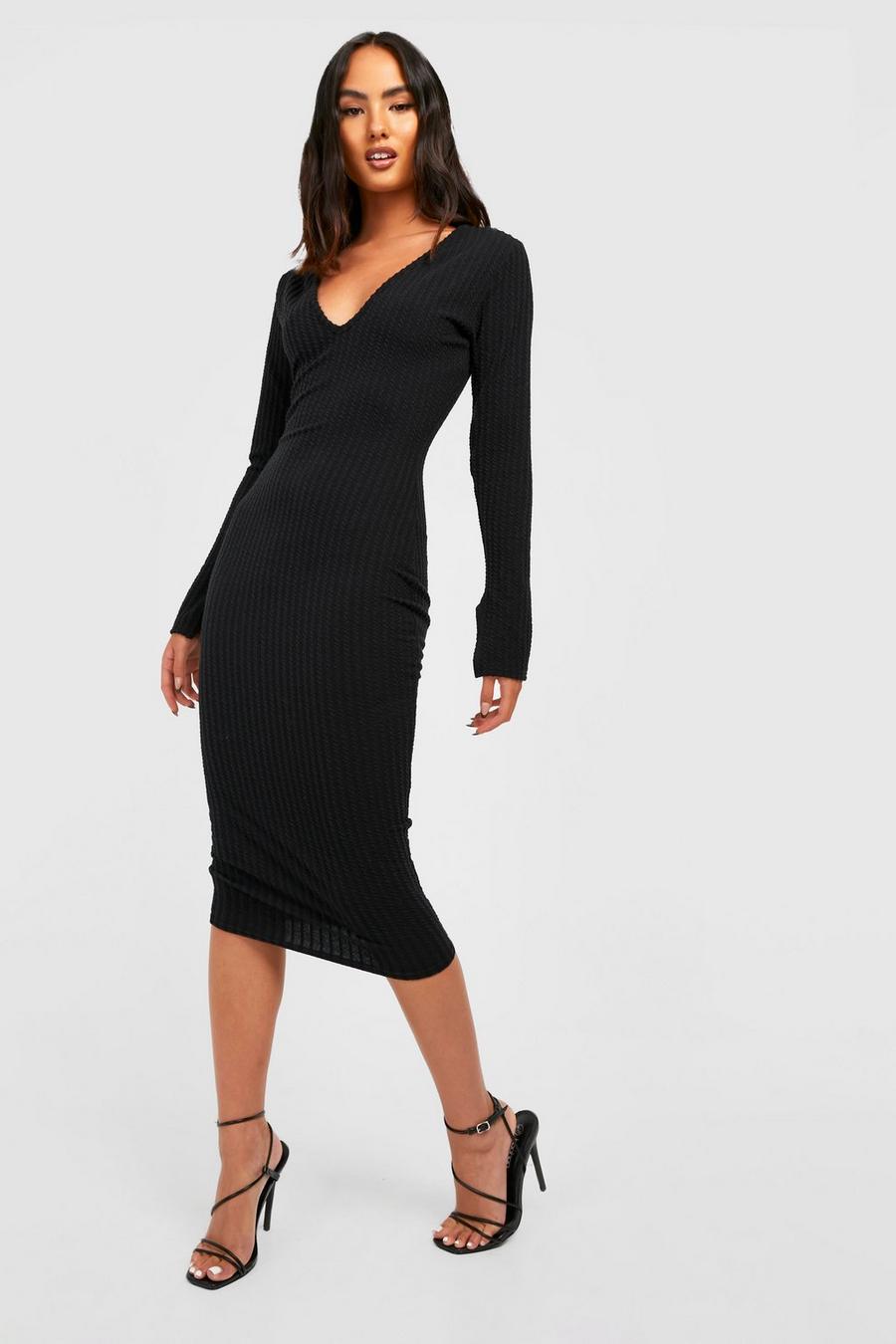 Black Crinkle Rib Long Sleeve Midi Dress image number 1