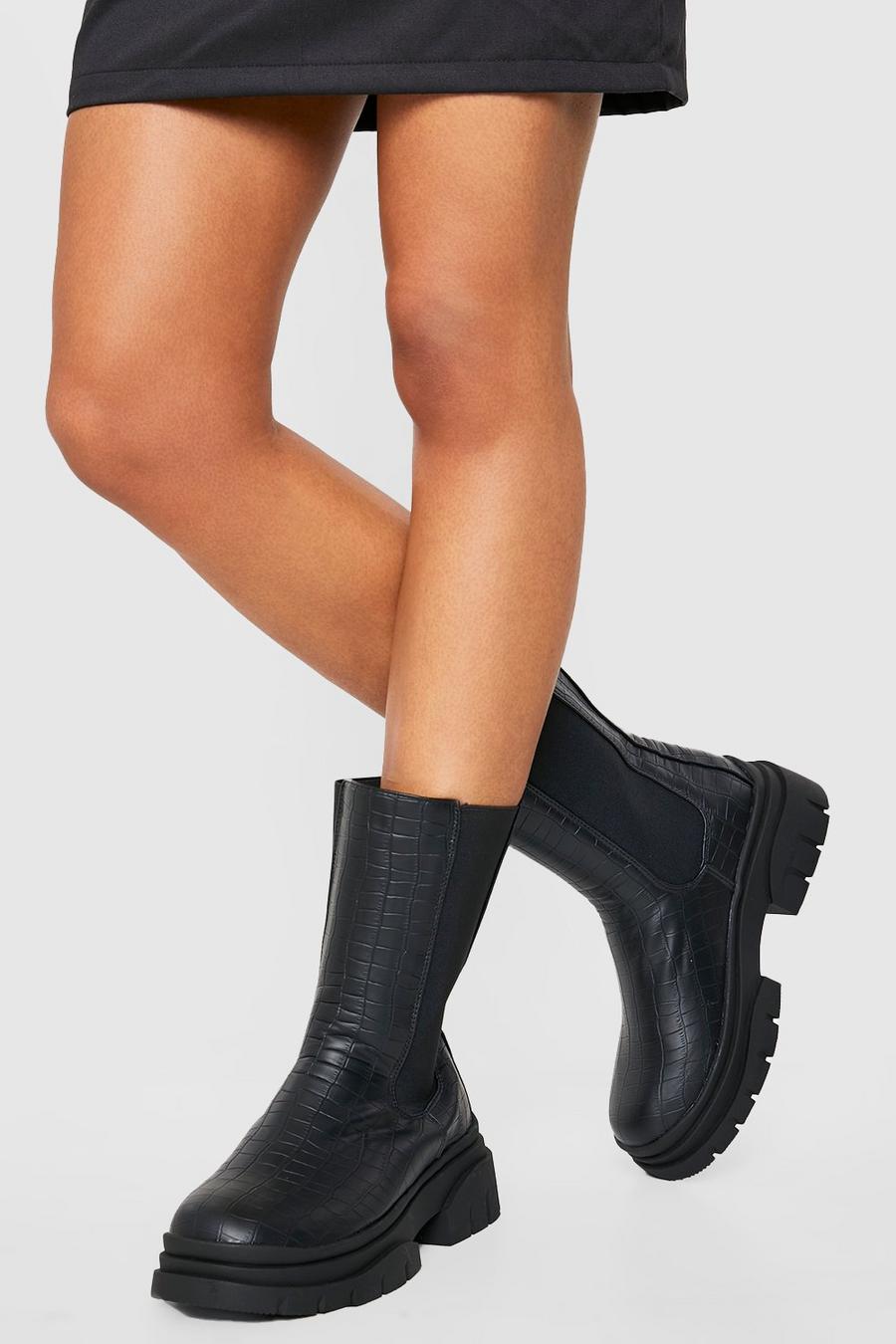 Black Croc Tab Detail Chunky Chelsea Boots image number 1