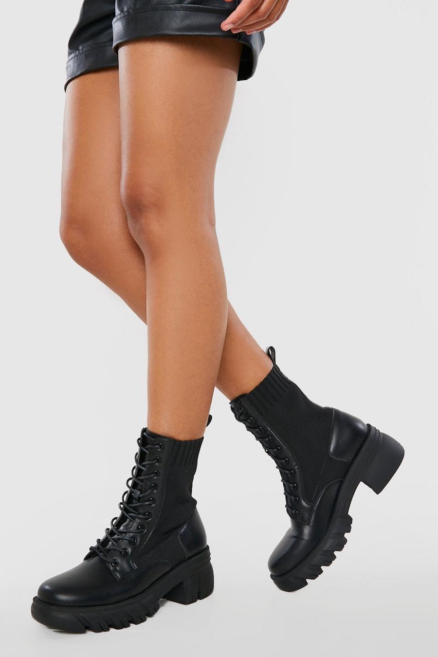 Black Knit Detail Chunky Sole Lace Up Hiker Boots image number 1