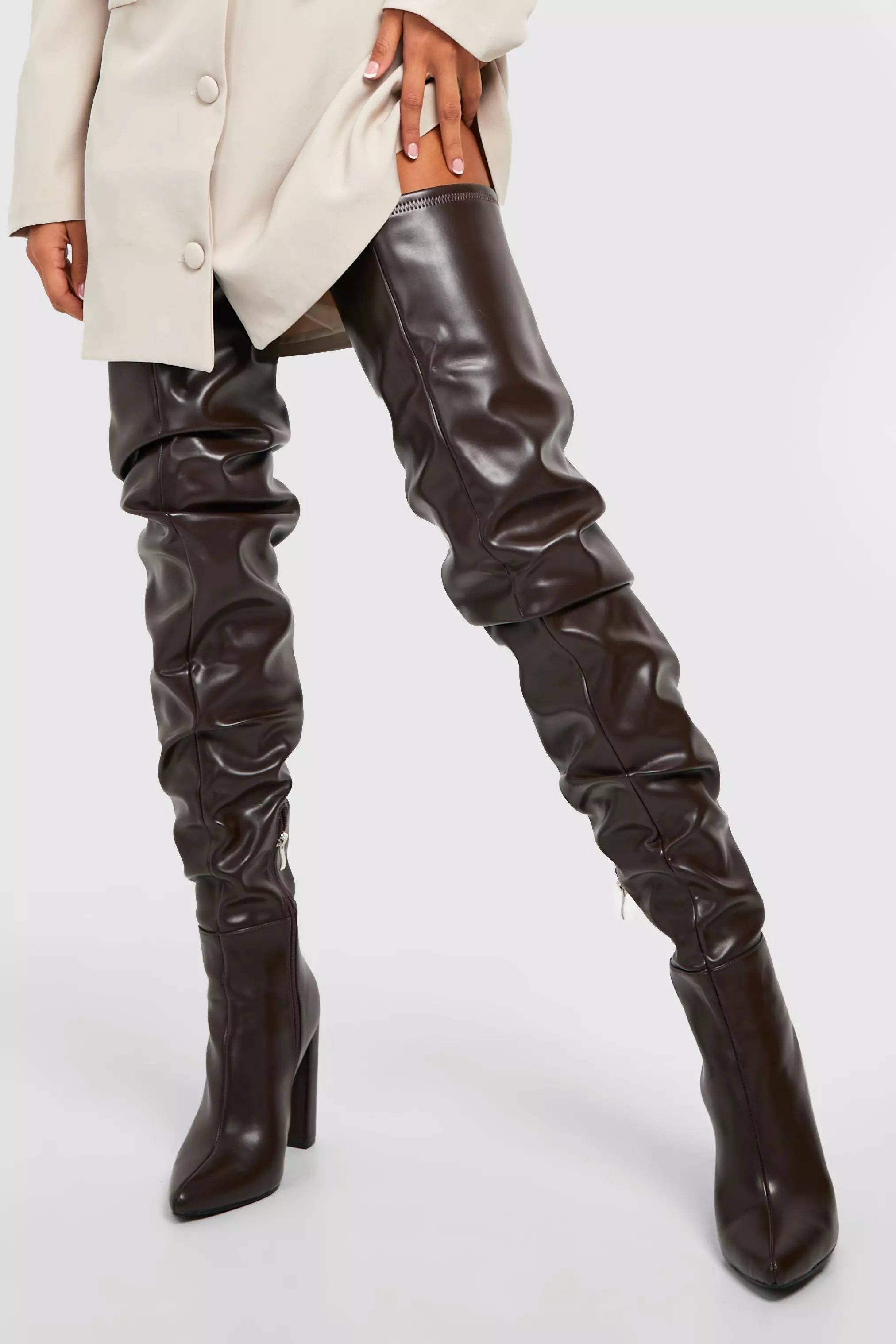 Ruched thigh high boots sales