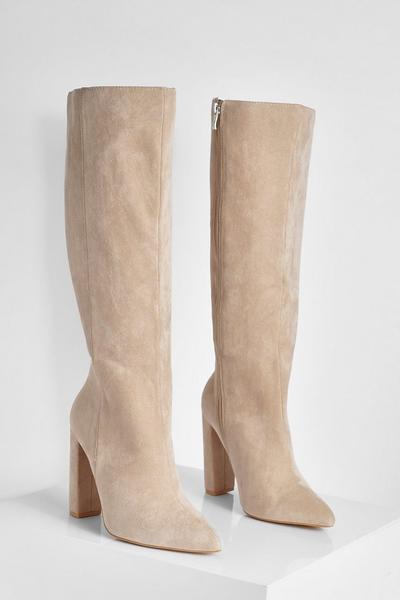 boohoo stone Wide Fit Pointed Knee High Heeled Boots
