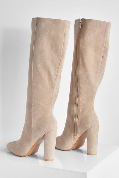 boohoo stone Wide Fit Pointed Knee High Heeled Boots