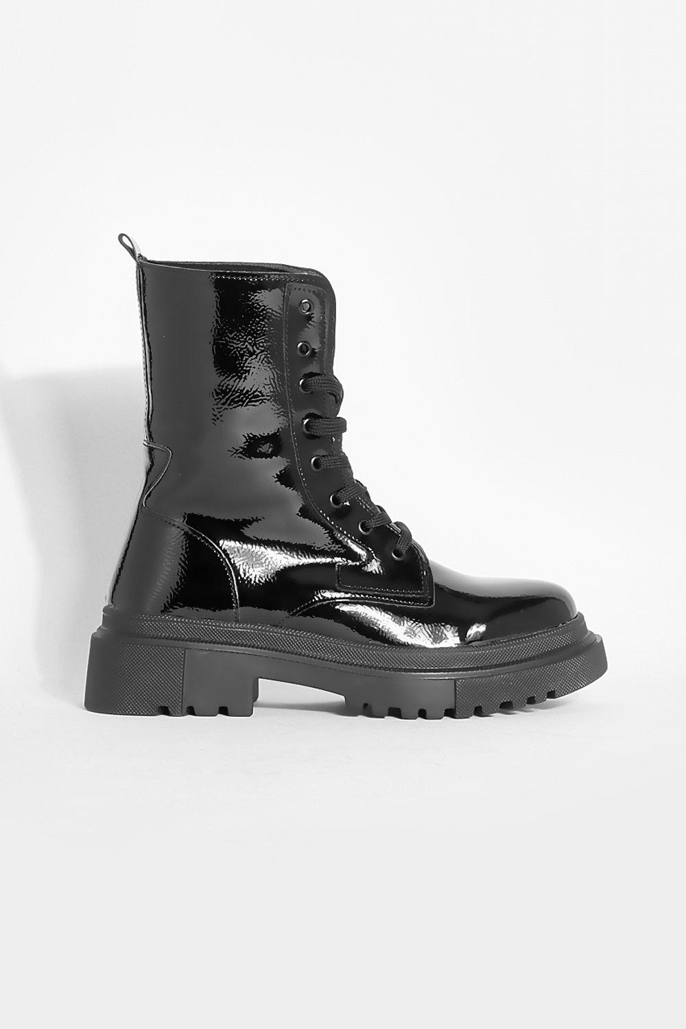 Panel Detail Patent Hiker Boot | boohoo