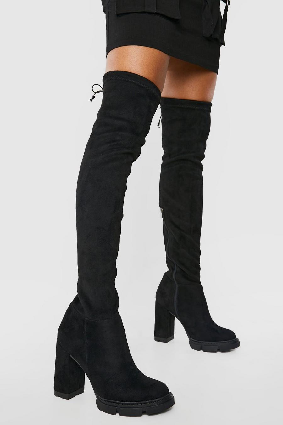 Black Cleated Platform Stretch Over The Knee Boots