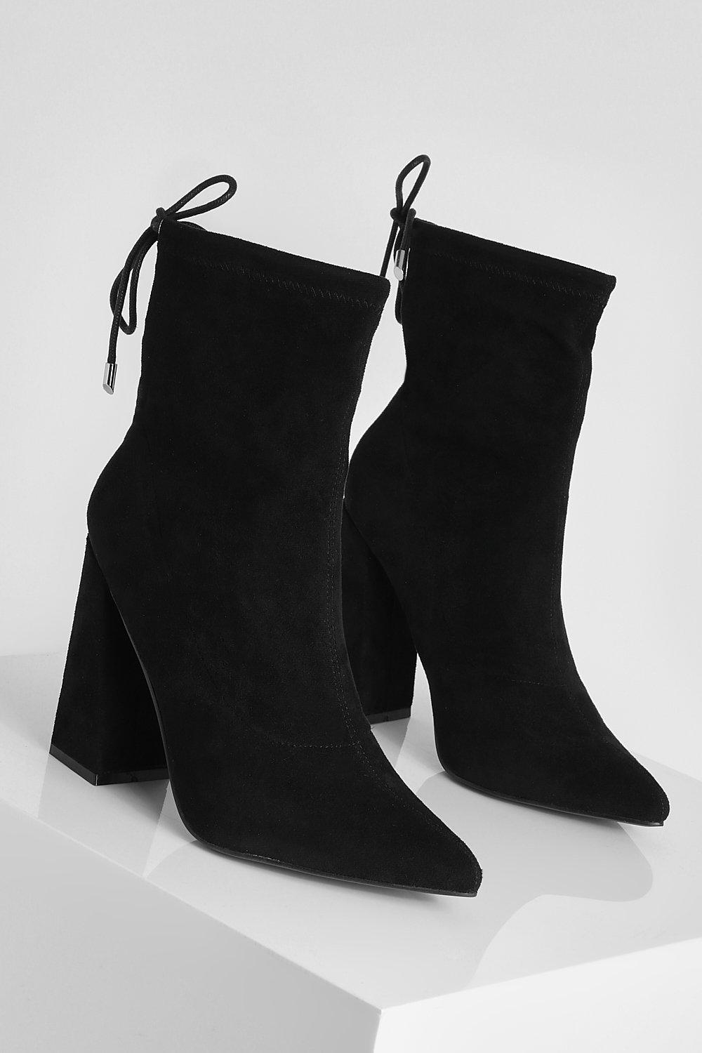 Tie Detail Pointed Toe Block Heel Sock Boots | boohoo