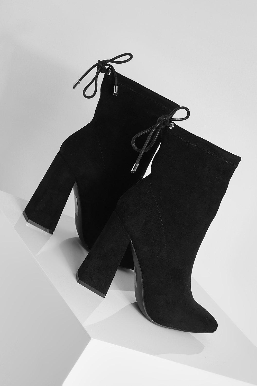 Tie Detail Pointed Toe Block Heel Sock Boots | boohoo