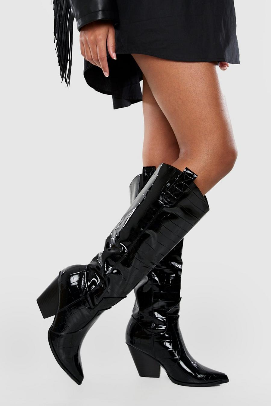 Black Pointed Toe Knee High Western Cowboy Boots image number 1