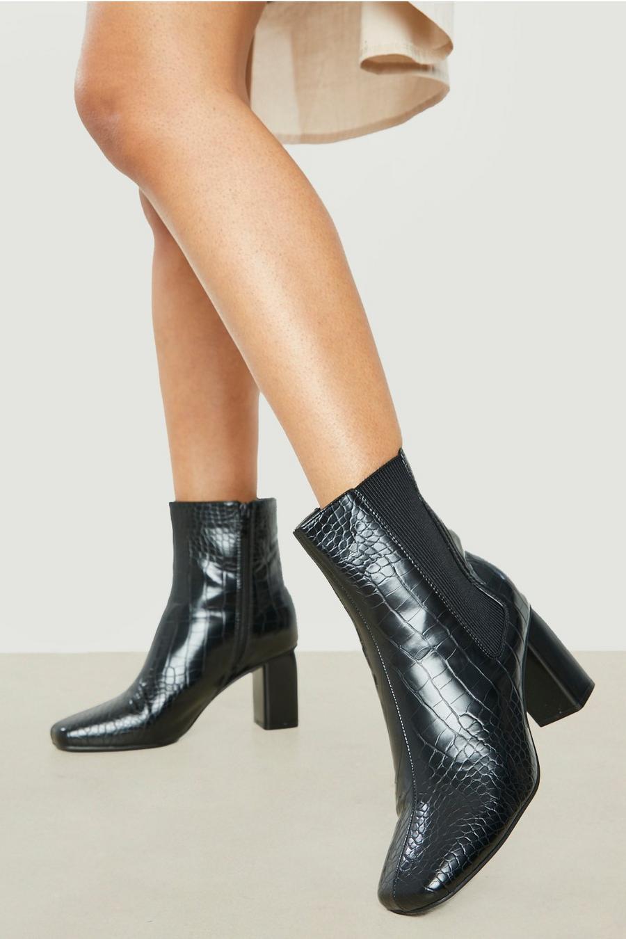 Black croc Wide Fit Heeled Chelsea Detail Ankle Boots