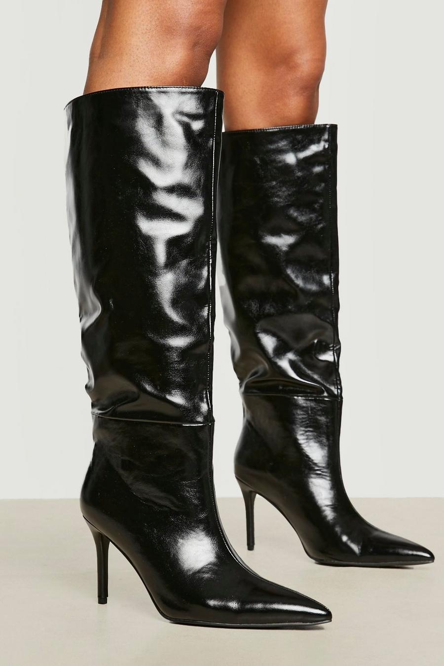 Black Wide Fit Knee High Mid Height Textured Boots image number 1