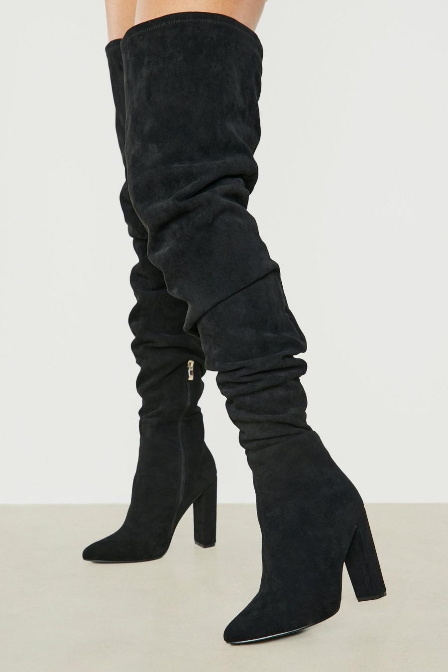 Black Super Thigh High Ruched Heeled Boots