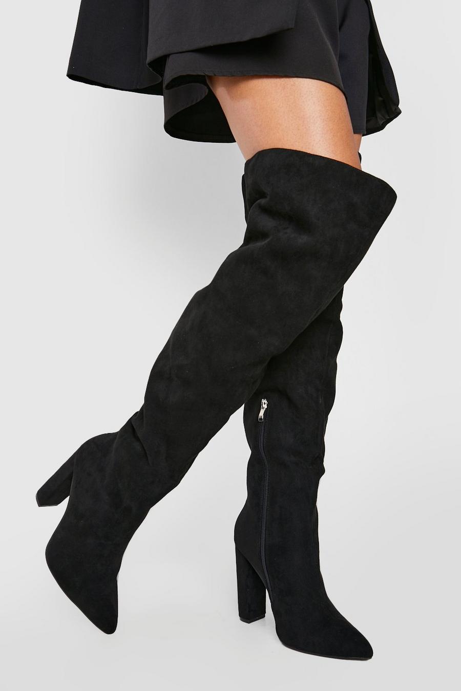 Black Wide Fit Thigh High Block Heeled Boots
