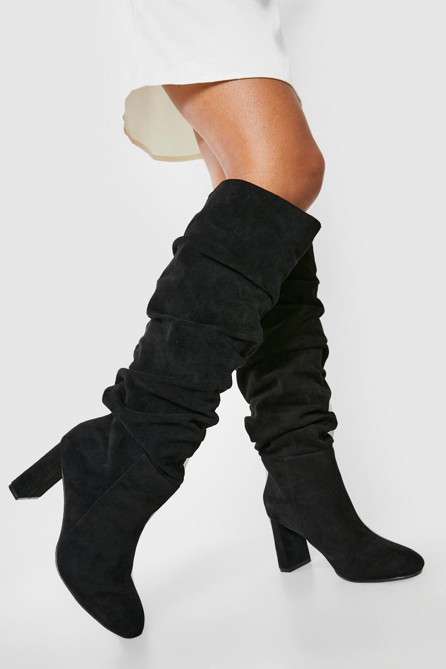 Black Wide Fit Ruched Detail Block Heel Boots