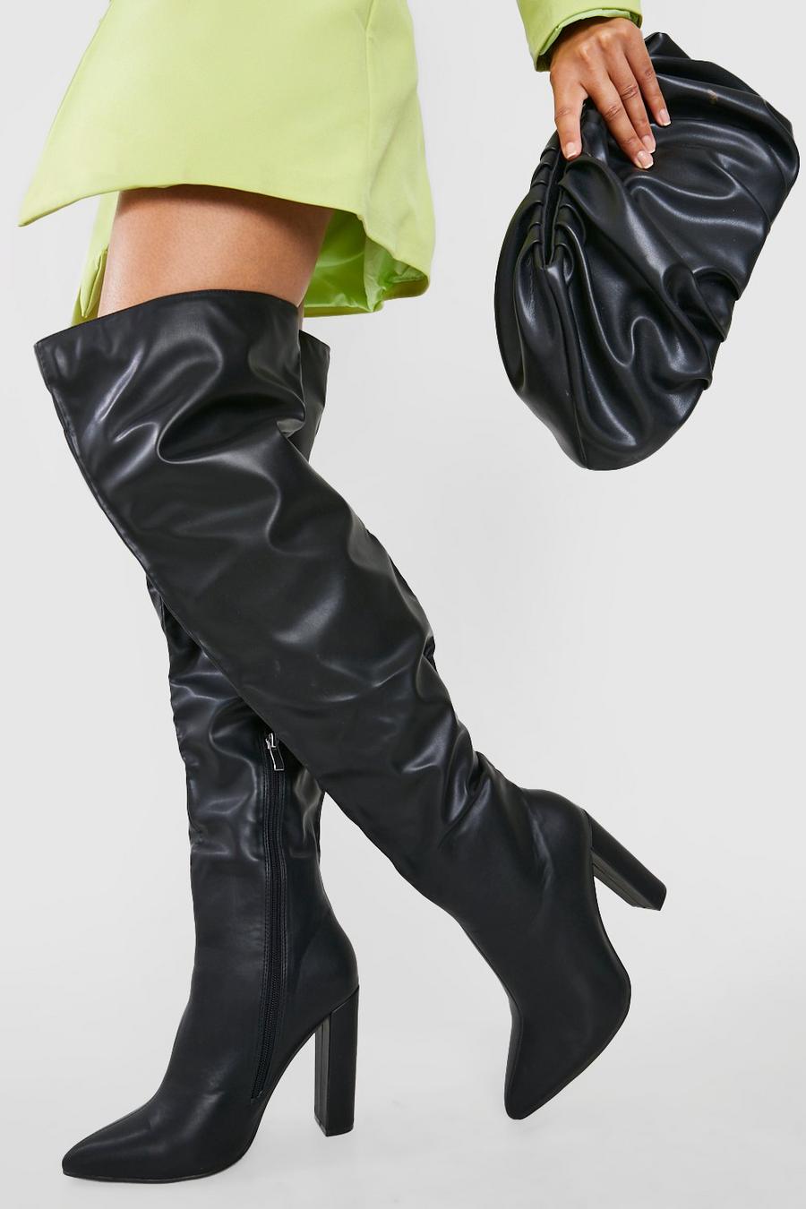 Black Wide Fit Thigh High Block Heeled Boots image number 1