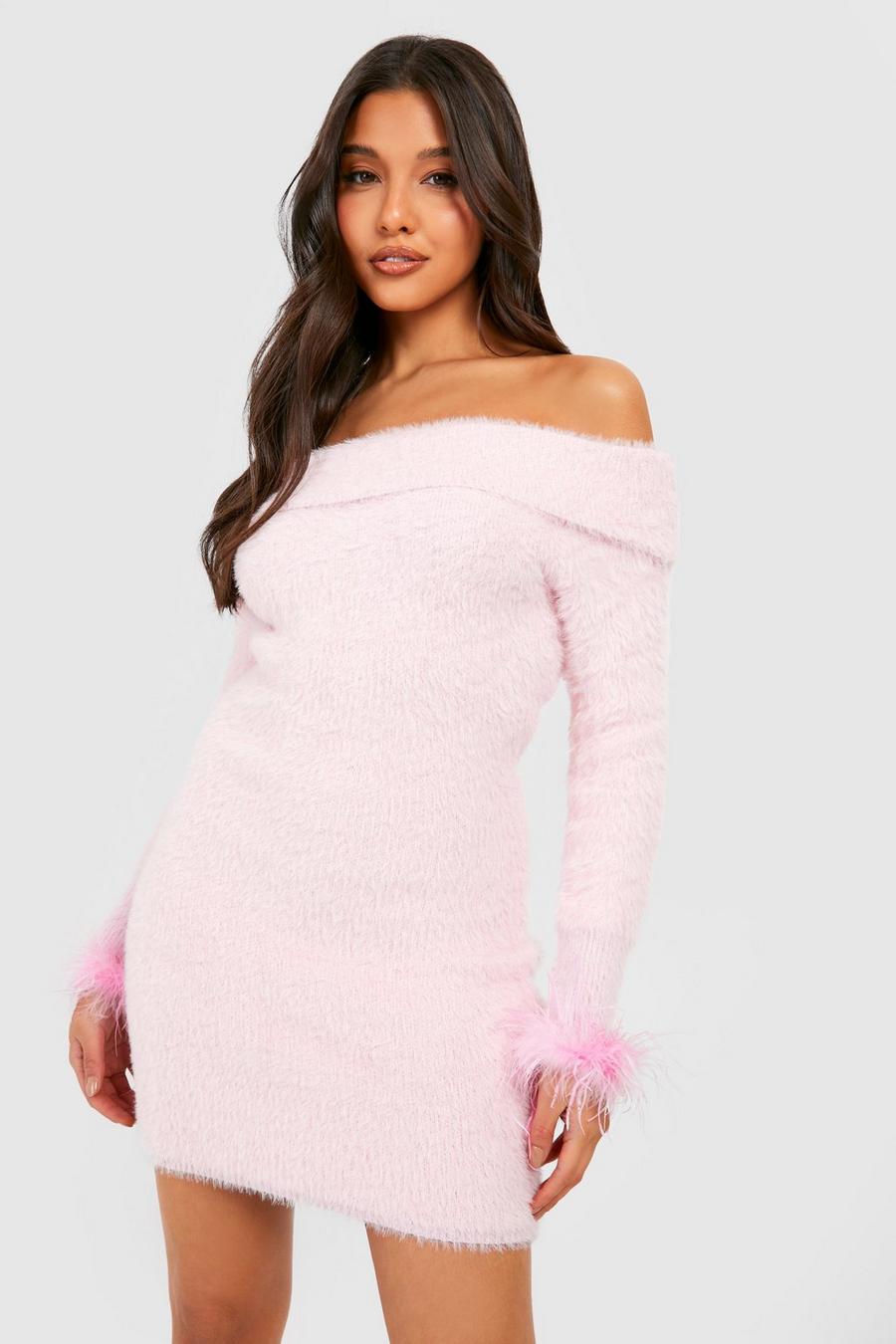 Pink rosa Feather Cuff Fluffy Christmas Jumper Dress