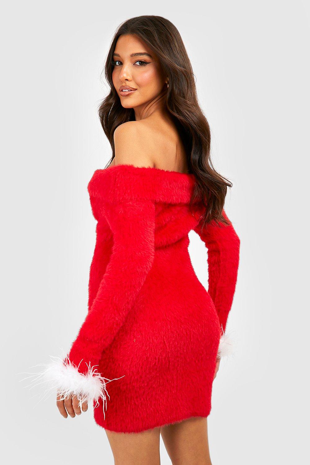 Red off the store shoulder jumper dress