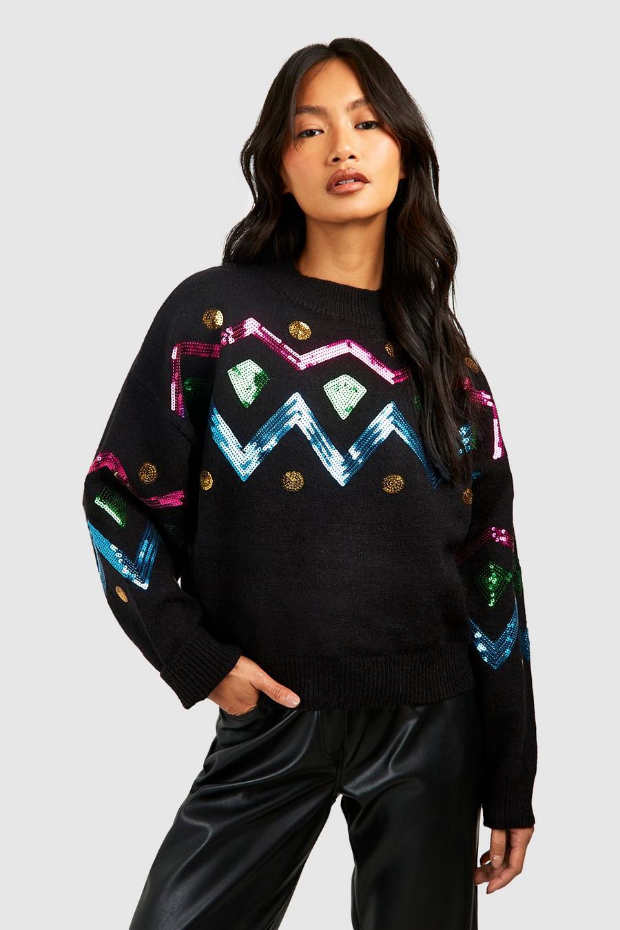 Black Neon Sequin Christmas Sweater image number 1