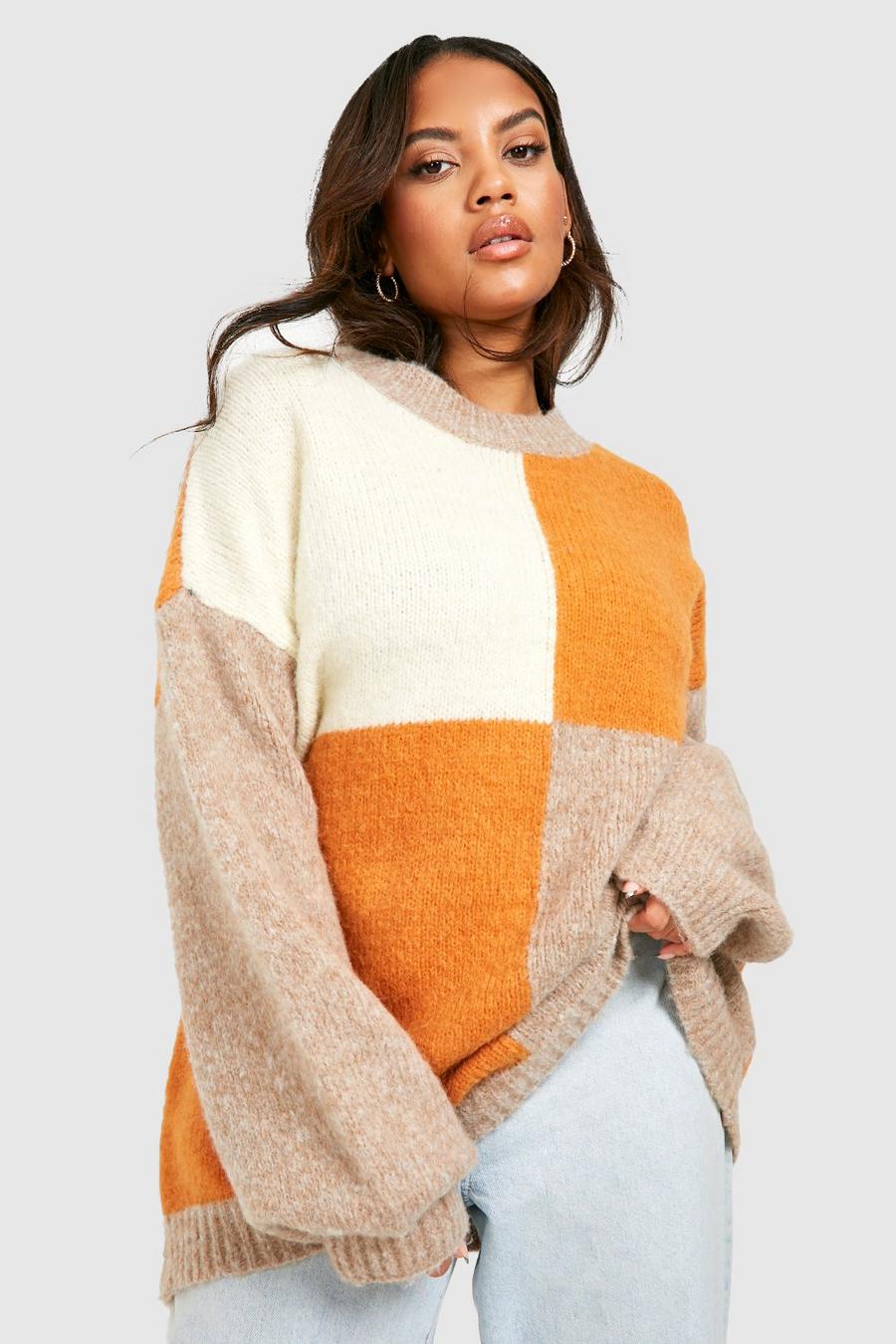 Orange Plus Fluffy Knit Colorblock Sweater image number 1